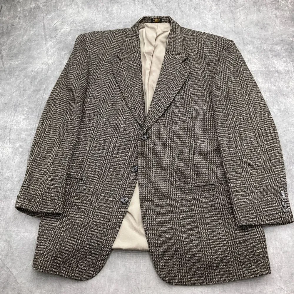 Stafford Options Blazer Men 44R Brown‎ Ivory Houndstooth Plaid Classic Jacket
